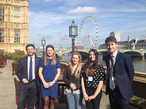 (Left to right: Stephen Crabb MP, former Ysgol Dewi Sant pupil and No. 10 Official Abigail Green, Ysgol Dewi Sant sixth-formers Joanne Brockbank and Alice Edgeworth and Stephen’s Parliamentary Researcher, James formerly of Milford Haven Comprehensive School).  