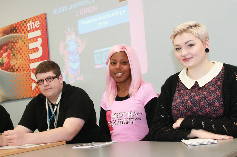 (L-R) Candidates Ian Rees, Mischa Ross and Charlotte Sharman during the Presidential hustings