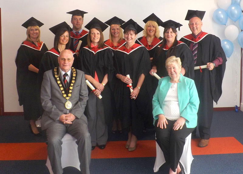 Cllr David Carter, Mayor of CCBC with Cllr. Christine Forehead with a group of ILM graduates