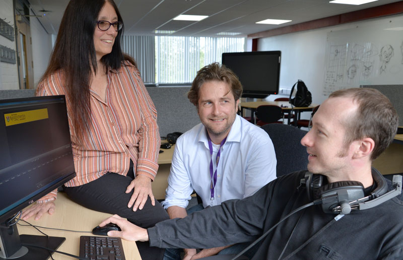 Mary Jacob, Tom Bartlett and Karl Drinkwater, Department of Psychology Librarian. Karl has been using the facilities at Aber Academy to develop a video for first year undergraduates and distance learners on how to make the best use of Aberystwyth University’s electronic learning resources