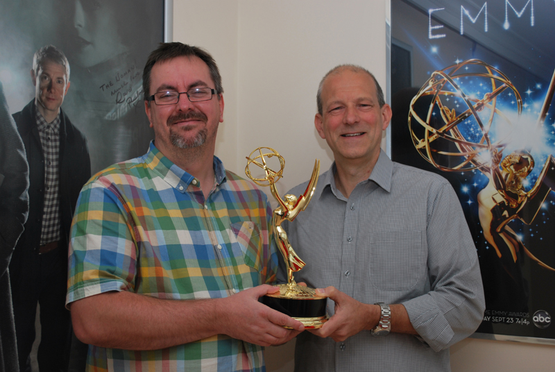 Paul McFaddon and Doug Sinclair pictured with their Emmy