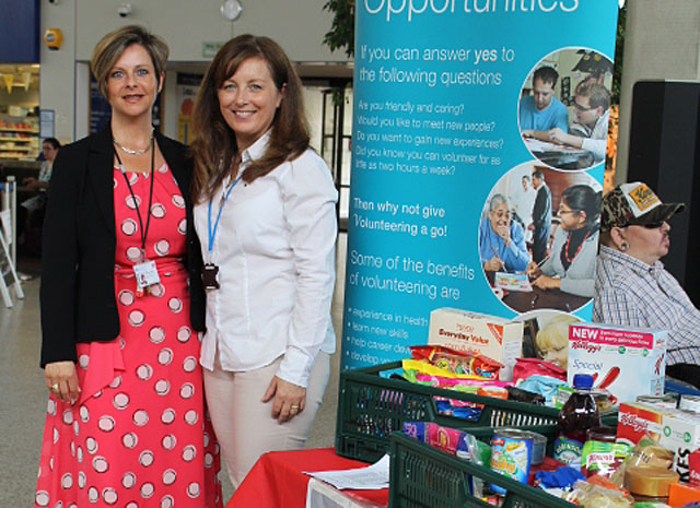 Jane Rowlands-Mellor, Lead Nurse for Patient Experience and Michelle Fowler, Volunteer Services Manager at Concourse, UHW at food bank collection point