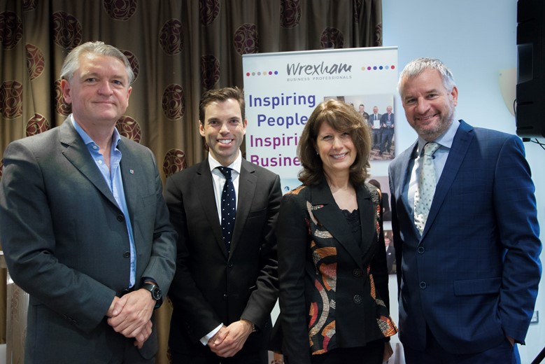 WREXHAM BUSINESS PROFESSIONALS . Pictured are Chris Nott, Chair of Welsh Government financial  and professional service, Ken Skates Welsh Government Cabinet Secretary for economy and infrastructure, Gill Atkinson committee member WBP and Paul Barlow Avox COO and DTCC Wrexham site Lead.