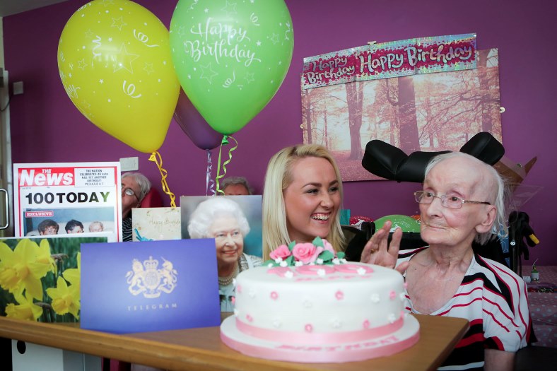 Pendine Park, Wrexham. Kate Jasper is celebrating her 100th birthday at Bryn Bell. Pictured: Kate with her Great Grandaughter Charlotte Richards, aged 17.