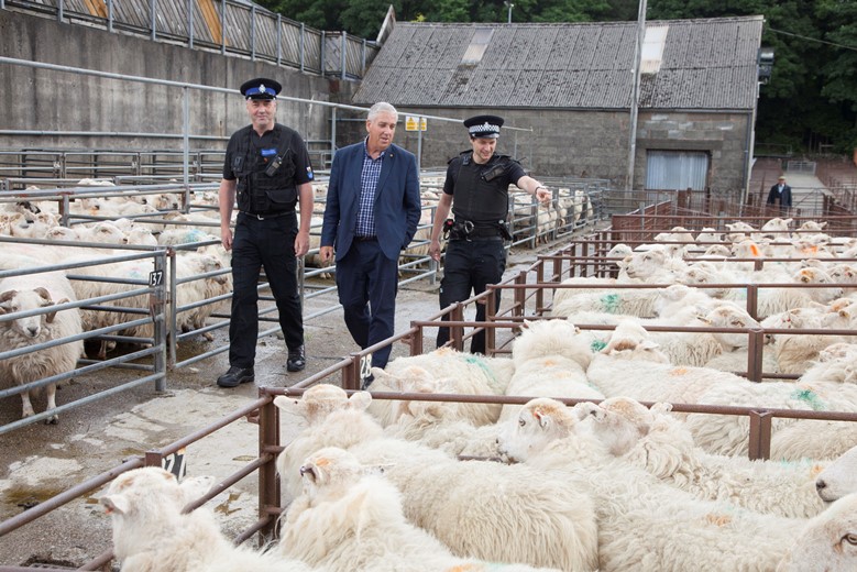 Arfon Jones the police and crime commissioner for the North Wales Police visit to Dolgellau Farmers Mart to meet part of the Rural crime team. Pictured are Rhys Evans, Arfon Jones the police and crime commissioner and  Dewi Evans .