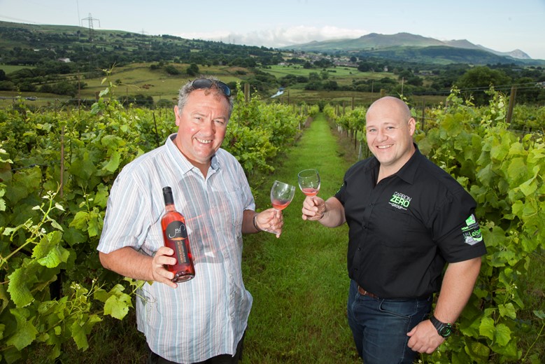 Carbon Zero at Pant Du Vineyard in Gwynedd. Pictured are Richard Huws of Pant Du and Gareth Jones Managing Director of Carbon Zero.