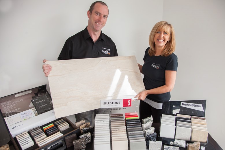 Denbighshire County Council ... local business  Stoneworkz Industries who have benefited from DCC grant scheme. Pictured are Dylan and Julie Williams.