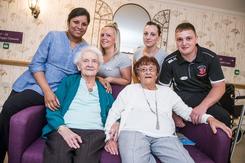 Care Awards 2016. Greenhill Manor, Merhyr Tydfil. Four nominees, back from left, Sreeja Ranjith, Kelly Collard, Patricia Brown and Luke Jenkins with residents Nancy Jones and Josephine Williams.