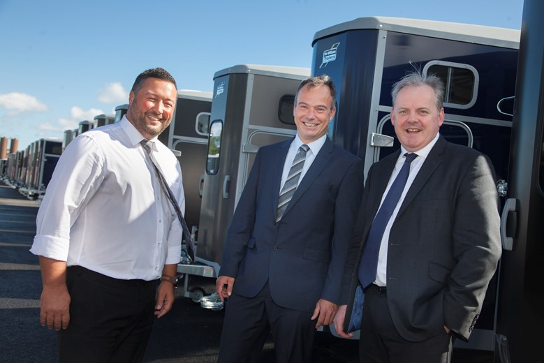 Pictured are Rob Small Business Operations Manager  and Peter Nesbitt, the Business Development Manager at Ifor Williams Trailers with Guto Bebb MP .
