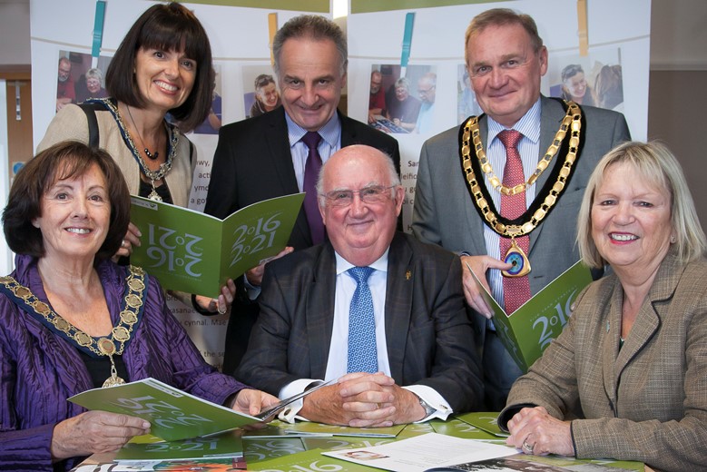 St Kentigern Hospice  launch their strategy for the forthcoming 5 years. Pictured is Trefor Jones, chairman of St Kentigern (centre) with (Front L/R) Chair of Denbighshire county council Ann Davies, Cllr Bobby Feeley, Consort to the Mayor Jane Hugo, Iain Mitchell Chief Executive at St Kentigern and Mayor of St Asaph Cllr Colin Hardie.