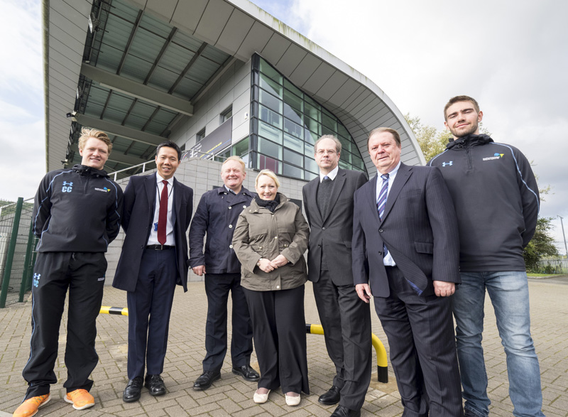 CAVC student Cameron Corsi, Ken Choo, CCFC CEO Ken Choo, CAVC Principal and Chief Executive Mike James, Minister for Social Services and Public Health Rebecca Evans AM, CAVC Deputy Principal Mark Roberts, Cardiff City House of Sport Director Steve Borley, CAVC student Daniel Coen