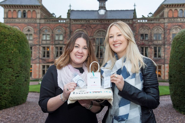 beeboho are one of the companies showcasing their gifts of jewellery and scarves at the the Christmas Gift and Craft Fayre at Soughton Hall in Sychdyn near Mold. Pictured: Proprietors Molly Whelan and Sophie Davies outside the Hall with some of their gifts