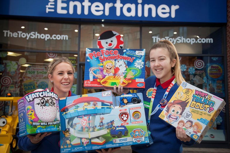 EAGLES MEADOW WREXHAM...Pictured at the Entertainer on Eagles meadow are Kelsey Davies and Olivia Hawes with this years top selling  toys for Christmas..