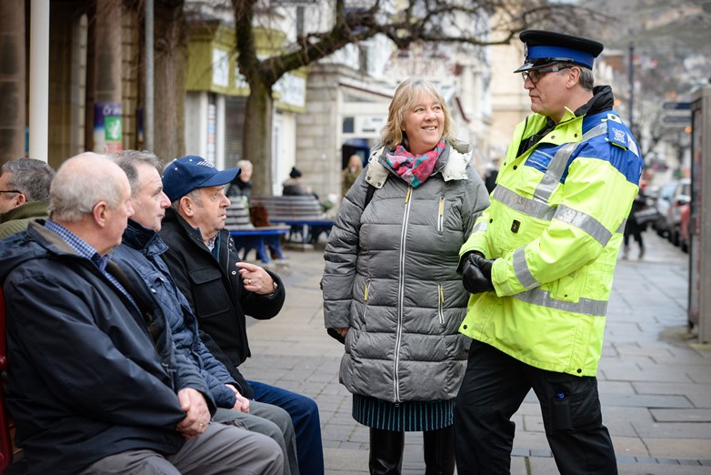 Ann Griffith, Deputy Police and Crime Commissioner on the beat in Llandudno with PCSO Chris Perkins.