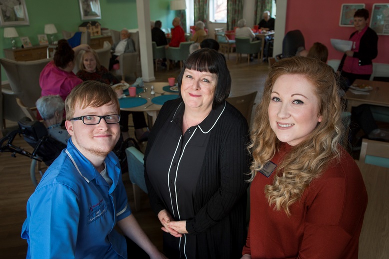Pendine Park Step into Care scheme ......  Pictured is Ioan Wright previous work placement student  with Ann Farr, the Manager of the Pendine Park Academy and Kathryn Lewis, Youth Mentor for Communities for Work in Wrexham.