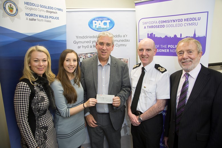 Pictured at the Your Community Your Choice awards are, from left, North Wales winners Only Boys Aloud, from left, Eleri Watkins and Louisa Turner, with North Wales Police and Crime Commissioner Arfon Jones, Deputy Chief Constable Gareth Pritchard and David Williams, chairman of the Police and Community Trust.