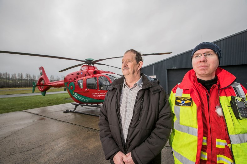 Trevor Fletcher jas said thanks to BCUHB consultant anaesthetist  John Glen with the Wales Air Ambulance, who brought him back to life after  he collapsed at work, Toyota in Deeside, with a heart attack.