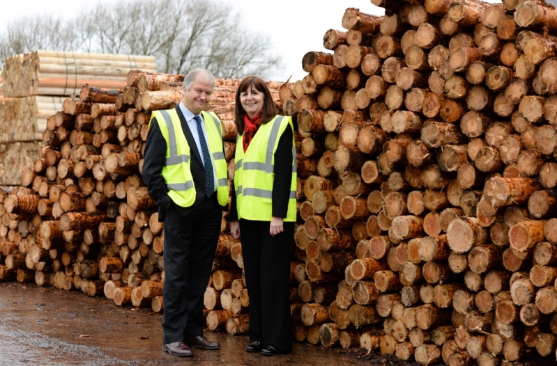 Lesley Griffiths, AM, Welsh Government Minister for Environment visits Clifford Jones Timber in Ruthin pictured with Alan Jones.