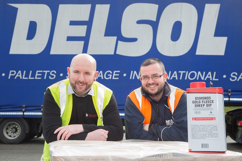 Delsol driver taking delivery of items from Bimeda, which are distributed under Delsol’s Hazchem licence.  Pictured is Steve Jones operations Manager at Bimeda , Llangefni withDelsol driver Paul Kavanagh.