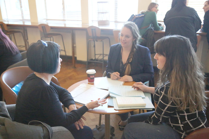 Jess Achilleos (right) and Hayley Douglas (centre) with Ann Lyn Robinson, youth work strategy manager for Welsh Government