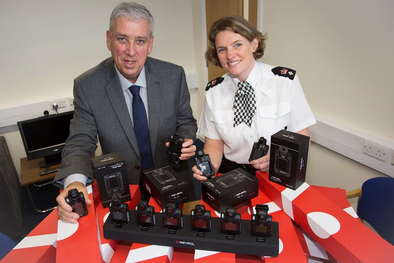 POLICE CRIME COMMISIONER NORTH WALES... Pictured are Arfon Jones, police and crime commissioner for the North Wales and Superintendeent Sasha Hatchett with some of the extra Body Cameras.