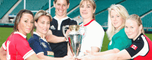 Non Evans, Sarah Gill (Scotland), Victoria Heighway (New Zealand), Catherine Spencer (England), Joy Neville (Ireland) and Mandy Marchuk (Canada) with the IRB Womens World Cup.