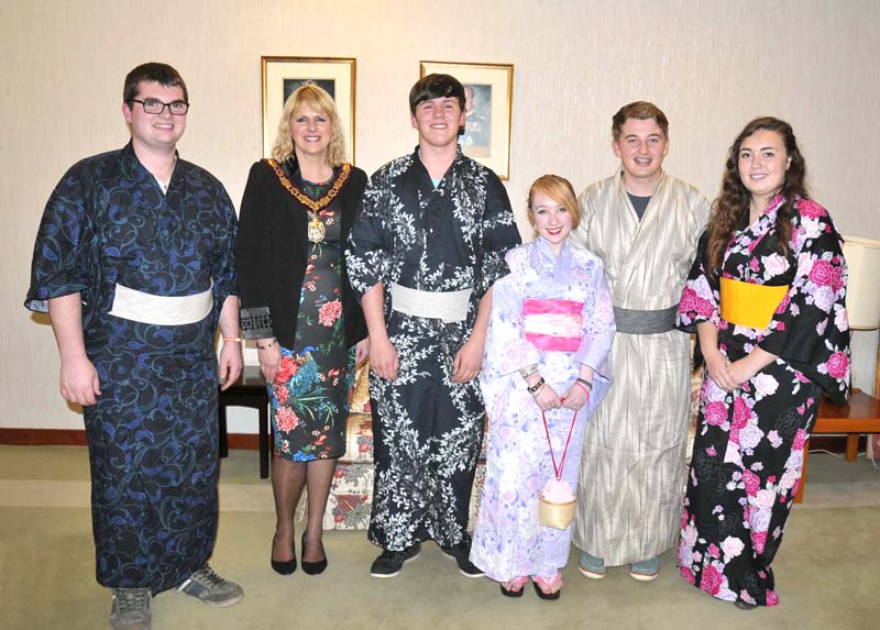 Flintshire students, pictured with the Chair of Flintshire County Council Carolyn Thomas, from left to right are: Lloyd Antrobus, Nick Hodby, Helena Allen, Declan Murphy, Jessica Akins