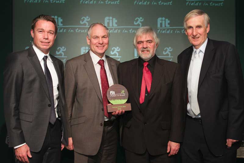 Awards host Graeme Le Saux, Alan Roberts, Head of Play Unit at Flintshire County Council, Councillor Kevin Jones, Cabinet Member for Waste Strategy, Public Protection and Leisure at Flintshire County Council and Tim Phillips, Chairman Fields in Trust