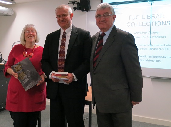 Dr Hywel Francis presenting his books to London Metropolitan Vice Chancellor, Professor Malcolm Gillies, and to Chris Coates, TUC Librarian