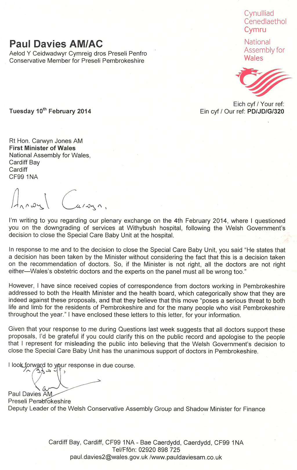 Letter to Carwyn Jones Withybush 110214