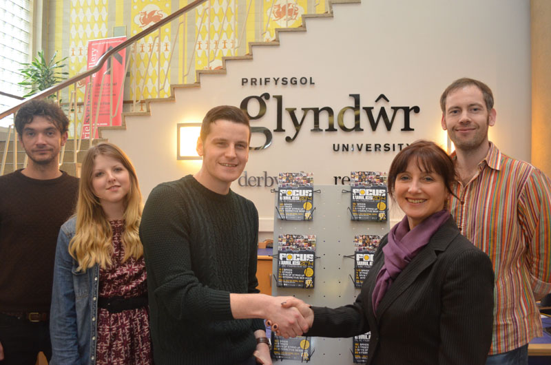 (l to r): Neal Thompson, Sarah Jones, Andy Jones (Focus Wales); Lynda Powell, director of campus management and commercial services; Stuart Cunningham, academic head of creative industries (Glyndwr University)