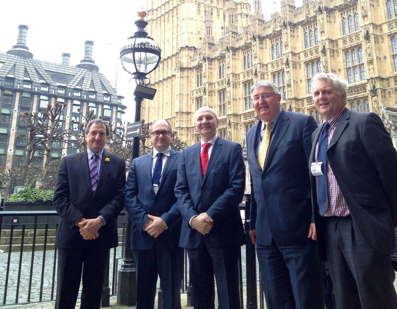 Emyr Jones (President FUW), Sergey Nalobin (Head of Bilateral Group, Russian Embassy), Vladimir Derbenskiy (Agricultural Attaché, Russian Embassy), Roger Williams MP, and Glyn Roberts (Vice President FUW)