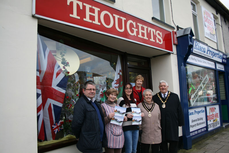 Thoughts employees Chris Arkell and Julia Lee celebrate winning the ‘Dress your Shop’ competition with Cllr Nigel George, Cllr Hazel Dupre, Mrs Ruth Gray and Mayor of Caerphilly County Borough Cllr Michael Gray