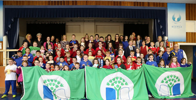 Pupils and staff pictured at the Green Flag Eco Schools celebration event