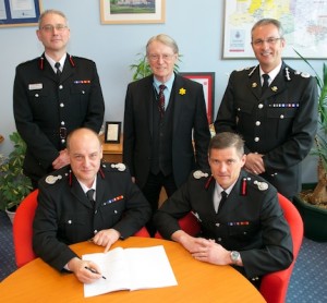 Back L-R: Assistant Chief Fire Officer for Mid & West Wales Derek Masson, Police & Crime Commissioner Alun Michael, Chief Constable Peter Vaughan Front L-R: Chief Fire Officer for Mid & West Wales  Paul Bates, Chief Fire Officer for South Wales Fire Huw Jakeway