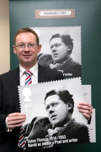 Montgomeryshire AM, Russell George, at the launch of the stamp commemorating the 100th anniversary of the birth of poet and writer, Dylan Thomas, as part of Royal Mail’s Remarkable Lives series of stamps