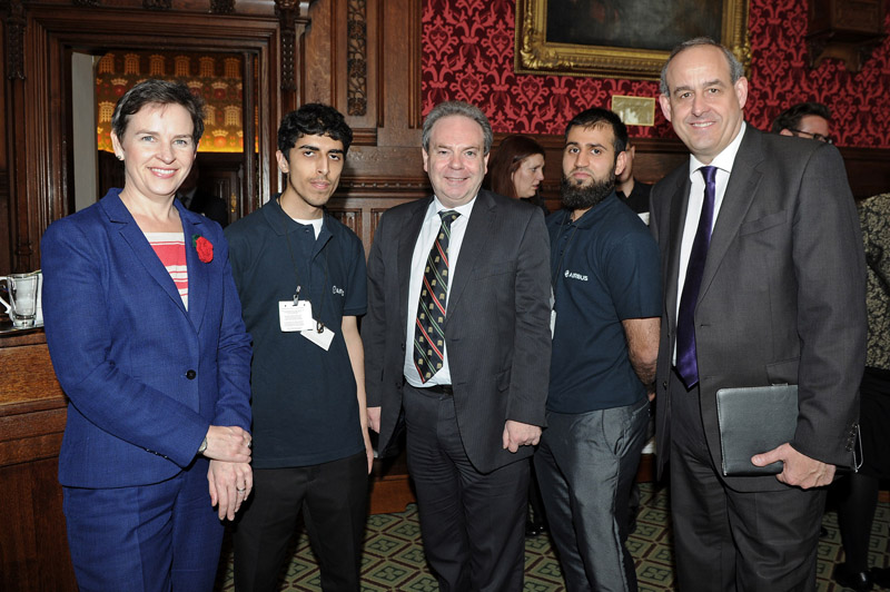 Mary Creagh MP, Ian Lucas MP and David Hanson MP with apprentices Mohamed Al-Tayawe and Mohamed Bhaiyat from Airbus UK