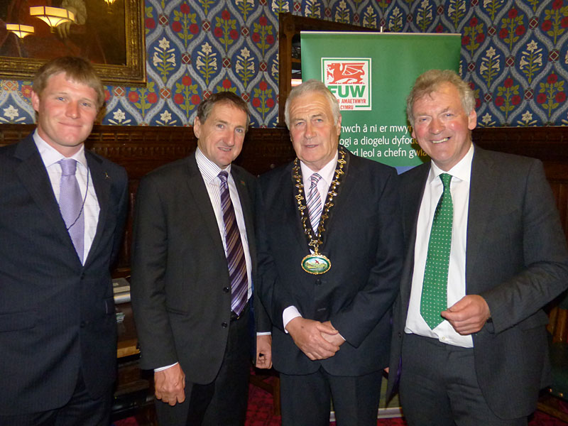 (L-R) Mark Williams (County Chair of FUW), Emyr Jones (FUW President), Cllr Roche Davies (Chair of Powys County Council) and Glyn Davies MP