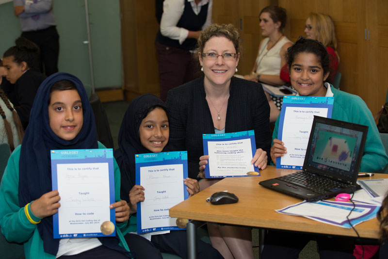 Jenny Willott MP with girls from Lakeside Primary at Girls Get Coding