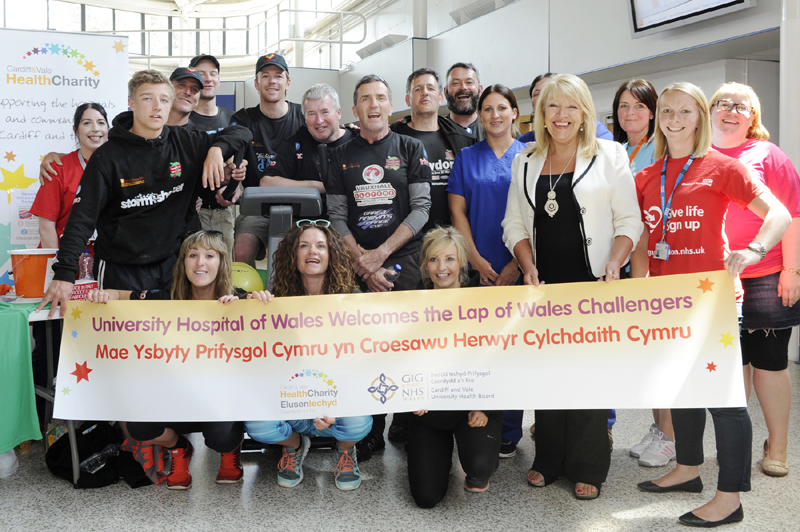 Lap of Wales challengers with Maria Battle, Chair of Cardiff and Vale UHB at UHW Concourse