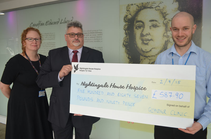 Glyndwr University’s Caroline Lomas, Paul Battersby and Chris Andrews, area fundraiser for Nightingale House