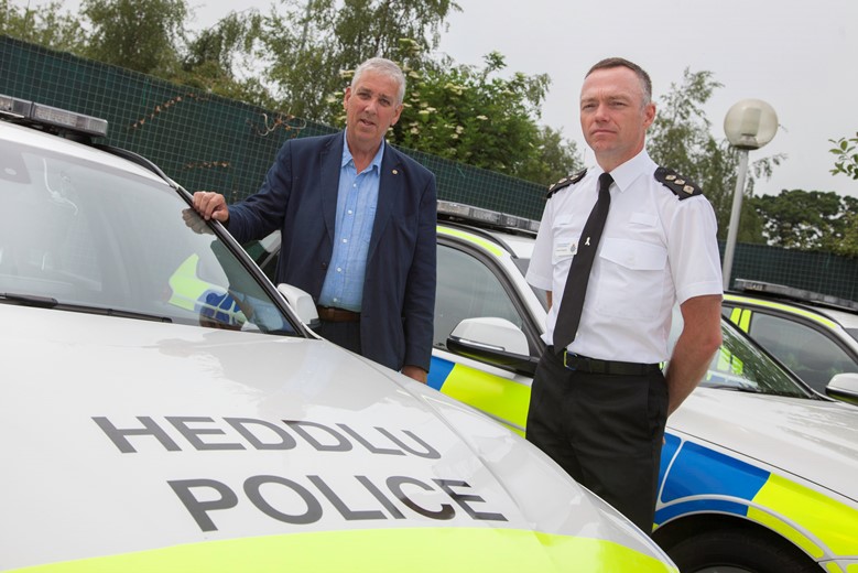 PCC  Arfon Jones at Roads Policing Unit in St Asaph. Pictured is Police and Crime Commissioner  Arfon Jones with Chief Inspector Darren Wareing .