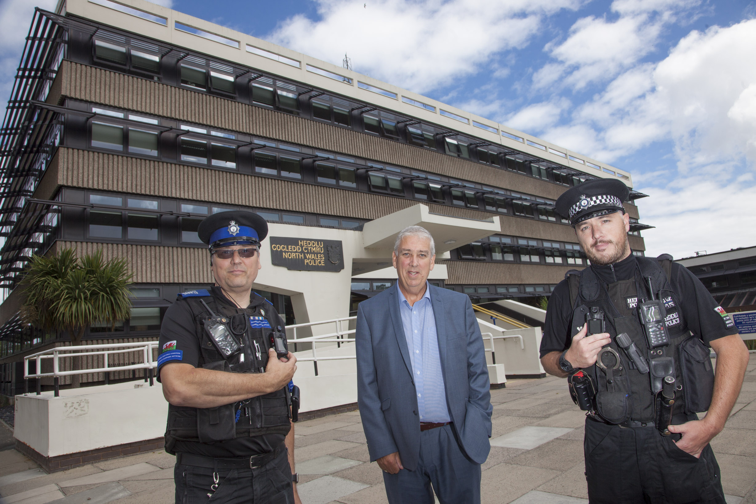 BODY WORN VIDEO...PCC Arfon Jones with PCSO Chris Perkins and PC Martin Taylor at North Wales Police Headquarters.