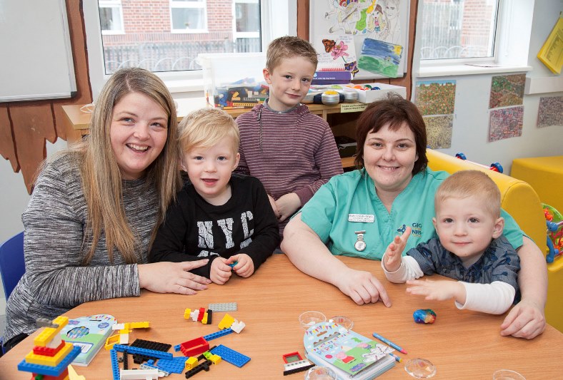 The Roberts Family would like to thank the staff at Wrexham Maelor Hospital for their excellent support and help towards three of their four children who have been treated at the Children's Ward. Pictured: Wrexham Maelor's Play Co-ordinator Emma Cunnah-Newell along with Lowri Roberts along and her children  who have all been treated on the ward, Morgan 4, , Cai 7 and Gruff 2