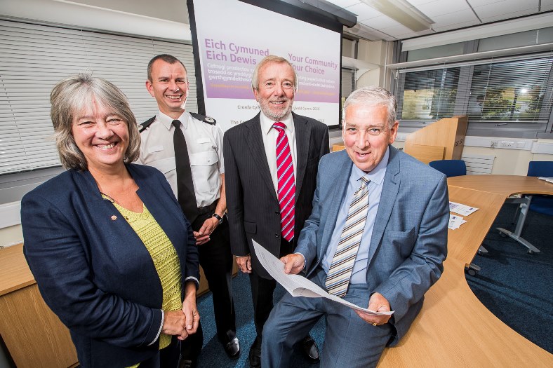 Your Community, Your Choice launch. Police and Crime Commissioner Arfon Jones with deputy PCC Ann Griffith with Assistant Chief Constable Richard Debicki and David Williams Chair of PACT Trustees