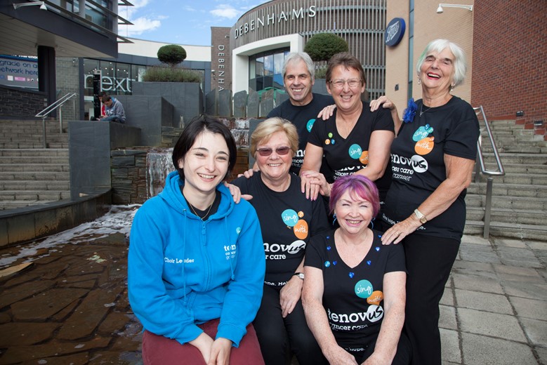 EAGLES MEADOW WREXHAM, Photographed are  Members of the Tenovus Wrexham cancer choir who'll be singing at Eagles Meadow in September  (front L/R) leader Izzy Rodrigues, Olga Newman,  Debbie Povey,  Mike povey, June Davies and Lesley Willis.