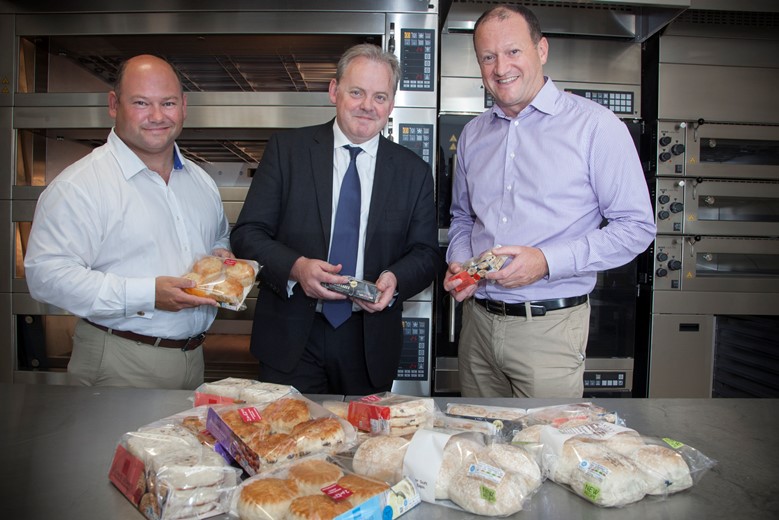 Village Bakery .Wrexham. Pictured are  Christian Jones, Village Bakery with Guto Bebb MP and Robin Jones  Village Bakery.