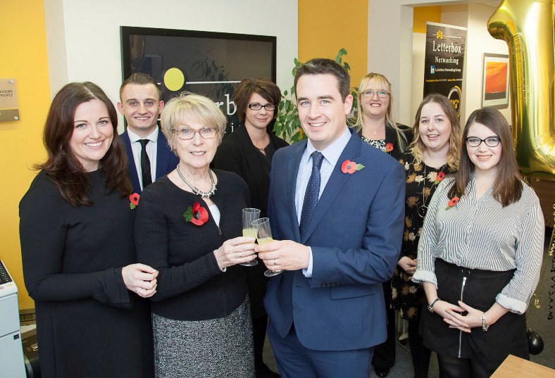 Letterbox Recruitment in Rhuddlan celebrate their 15th Anniversary with a visit from local MP James Davies. Pictured: MP James Davies marks the occasion with Linda Gummer along with Natalie Wood, Alex Russell, Alison Porter, Lynne Hindley, Miriam Kisby and Kayleigh MacDonald