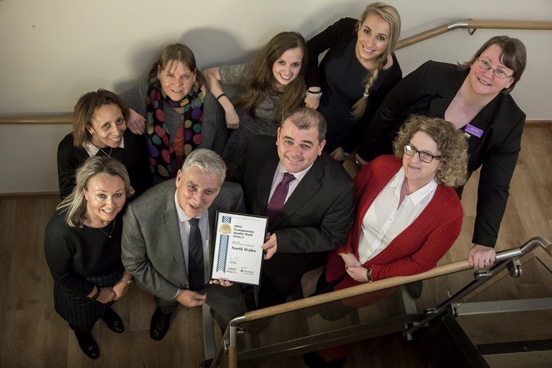 POLICE CRIME COMMISIONER NORTH WALES... Pictured with the OPCC  award are police and crime commissioner for the North Wales Arfon Jones and chief executive officer Stephen Hughes with (front L/R) Diane Jones, Meinir Jones, Liz Ward, Rhia Hinks, Helen Evans, Gemma Jennings and Kate Jackson.
