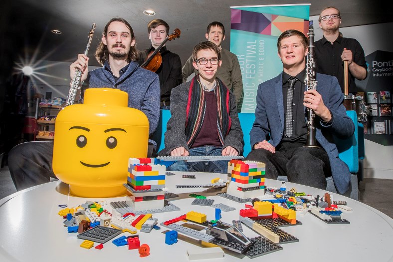 As part of this year's Bangor Music Festival the Bangor New Music Ensemble will be running a project which will involve them performing music inspired by what they see as children and adults build Lego structures. Pictured from left, Chris Schelb, Tom Renfree, composer James Jarvis, Guto Pryderi Puw, Zach Reading and Thomas Whitcombe.